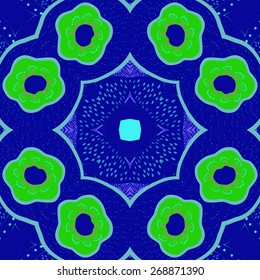 Circular seamless pattern of floral motif, flowers, doodles, stamens, stars . Hand drawn.