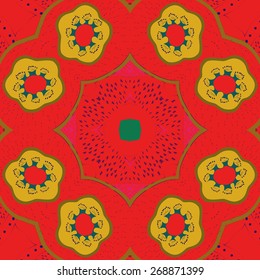 Circular seamless pattern of floral motif, flowers, doodles, stamens, stars . Hand drawn.