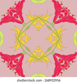 Circular seamless pattern of floral motif, flowers, lily, leaves. Hand drawn.