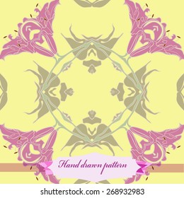 Circular seamless pattern of floral motif, flowers, lily, leaves, label. Hand drawn.