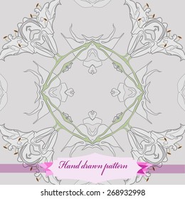 Circular seamless pattern of floral motif, flowers, lily, leaves, label. Hand drawn.