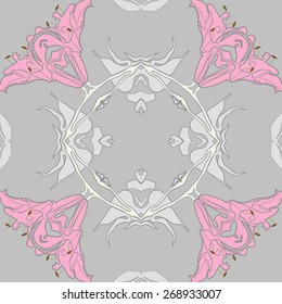 Circular seamless pattern of floral motif, flowers, lily, leaves. Hand drawn.