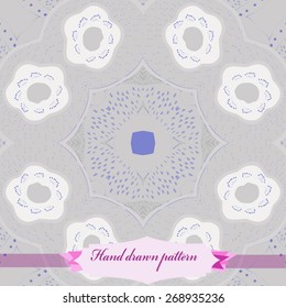 Circular seamless pattern of floral motif, flowers, doodles, stamens, stars, label . Hand drawn.