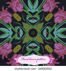 Circular seamless pattern of floral motif, flowers,tulips, leaves, label. Hand drawn.