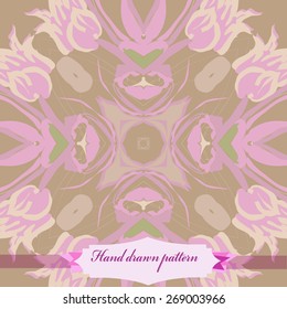 Circular seamless pattern of floral motif, flowers,tulips, leaves, label. Hand drawn.
