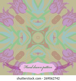 Circular seamless pattern of floral motif, flowers,tulips, leaves, label. Hand drawn.