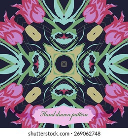 Circular seamless pattern of floral motif, flowers,tulips, leaves, label. Hand drawn.