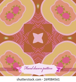 Circular seamless pattern of floral motif, stripes, star, label. Hand drawn.