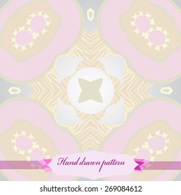 Circular seamless pattern of floral motif, stripes, star, label. Hand drawn.
