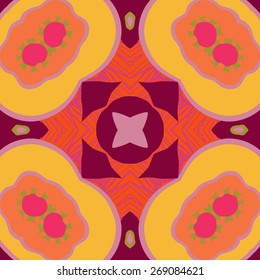 Circular seamless pattern of floral motif, stripes, star. Hand drawn.