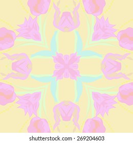 Circular seamless pattern of floral motif, flowers, leaves, branches. Hand drawn.