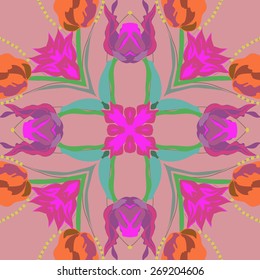 Circular seamless pattern of floral motif, flowers, leaves, branches. Hand drawn.