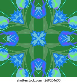 Circular seamless pattern of floral motif, flowers, leaves, branches. Hand drawn.