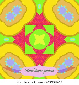 Circular seamless pattern of floral motif, stripes, star, label. Hand drawn.