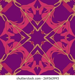 Circular seamless pattern of floral motif, branches, leaves, cross. Hand drawn.