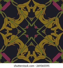 Circular seamless pattern of floral motif, branches, leaves, cross. Hand drawn.