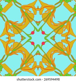 Circular seamless pattern of floral motif, branches, leaves, cross. Hand drawn.