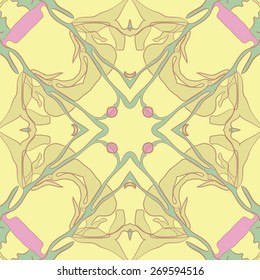 Circular seamless pattern of floral motif, branches, leaves, cross. Hand drawn.