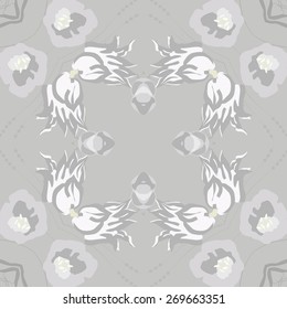 Circular seamless pattern of floral motif, branches,  flowers. Hand drawn.