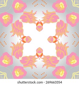 Circular seamless pattern of floral motif, branches,  flowers. Hand drawn.