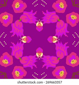 Circular seamless pattern of floral motif, branches,  flowers. Hand drawn.