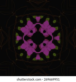 Circular seamless pattern of floral motif, branches, leaves, flowers. Hand drawn.