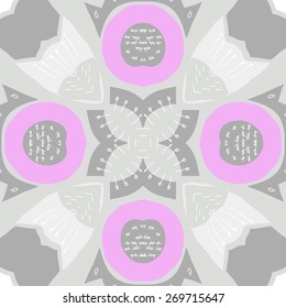 Circular seamless pattern of floral motif, doodles, stamens, bagels. Hand drawn.