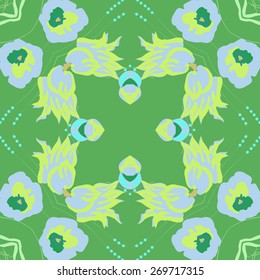 Circular seamless pattern of floral motif, branches,  flowers. Hand drawn.