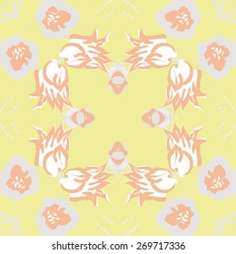 Circular seamless pattern of floral motif, branches,  flowers. Hand drawn.
