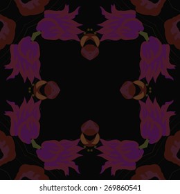 Circular seamless pattern of floral motif, branches, flowers, ellipses. Hand drawn.