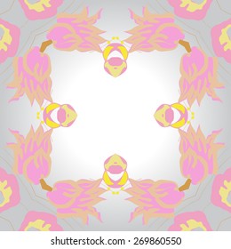 Circular seamless pattern of floral motif, branches, flowers, ellipses. Hand drawn.