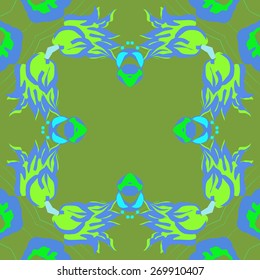 Circular seamless pattern of floral motif, branches, flowers, ellipses. Hand drawn.