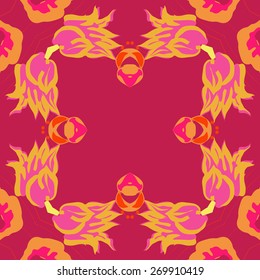 Circular seamless pattern of floral motif, branches, flowers, ellipses. Hand drawn.