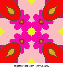 Circular seamless pattern of floral motif, flower, doodles. Hand drawn.