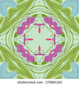 Circular seamless pattern of floral motif, flower, stripes . Hand drawn.