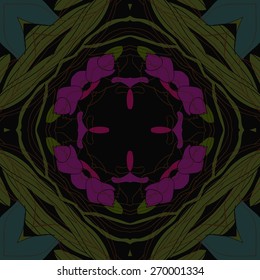 Circular seamless pattern of floral motif, flower, stripes . Hand drawn.