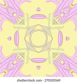 Circular seamless pattern of floral motif, flower, stripes, leaves, branches . Hand drawn.