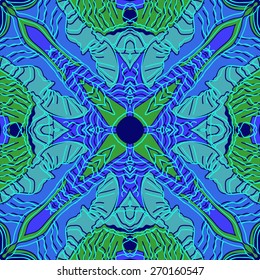 Circular seamless pattern of floral motif, stripes. Hand drawn.