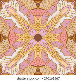 Circular seamless pattern of floral motif, stripes. Hand drawn.