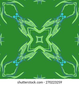 Circular seamless pattern of floral motif, stars, leaf, stripes . Hand drawn.