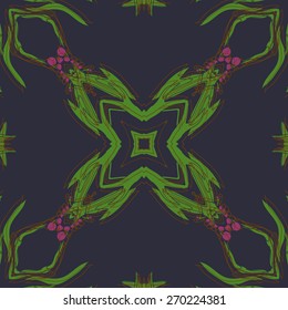 Circular seamless pattern of floral motif, stars, leaf, stripes . Hand drawn.