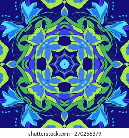 Circular seamless pattern of floral motif, stars, leafs, branches, flowers  . Hand drawn.