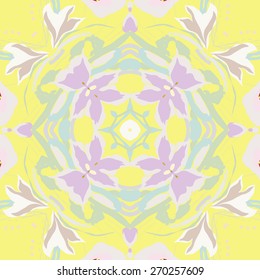 Circular seamless pattern of floral motif, stars, leafs, branches, flowers  . Hand drawn.