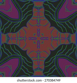 Circular seamless pattern of floral motif, stripes, cross . Hand drawn.