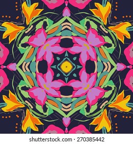 Circular seamless pattern of floral motif, stars, leafs, branches, flowers  . Hand drawn.