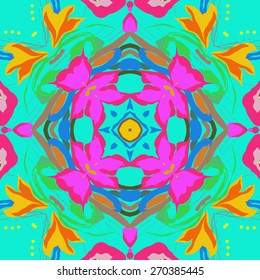 Circular seamless pattern of floral motif, stars, leafs, branches, flowers  . Hand drawn.