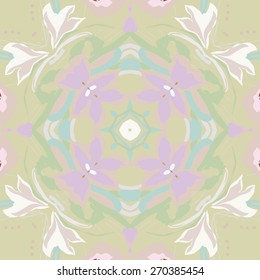 Circular seamless pattern of floral motif, stars, leafs, branches, flowers  . Hand drawn.