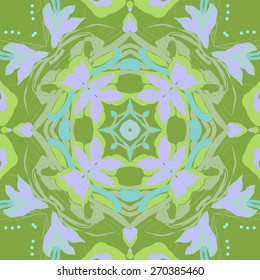 Circular seamless pattern of floral motif, stars, leafs, branches, flowers  . Hand drawn.