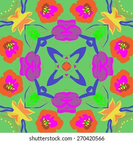 Circular seamless pattern of floral motif, branches, flowers, stamens, pistils, star. Hand drawn.