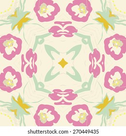 Circular seamless pattern of floral motif, branches, flowers, stamens, pistils, star. Hand drawn.
